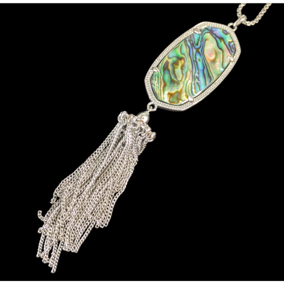 Kendra Scott Rayne Abalone Shell Tassel Pendant Necklace in Silver Tone Long 30" - Picture 1 of 10